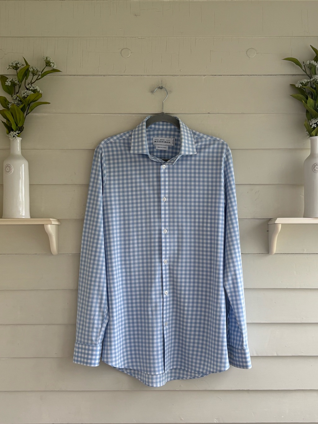 Mizzen + Main Leeward Light Blue Gingham Button Dress Shirt Trim Fit Medium Tall